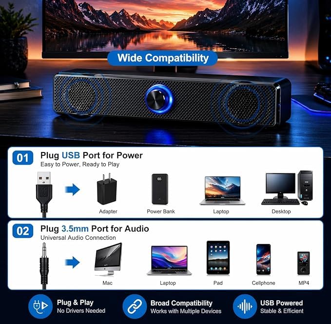 Image of 10W USB Powered Soundbar Speaker for PC, Laptop & Desktop, 2.0 Channel Stereo, 52mm Dual Drivers, AUX 3.5mm Input, Plug & Play with Volume Control | Black