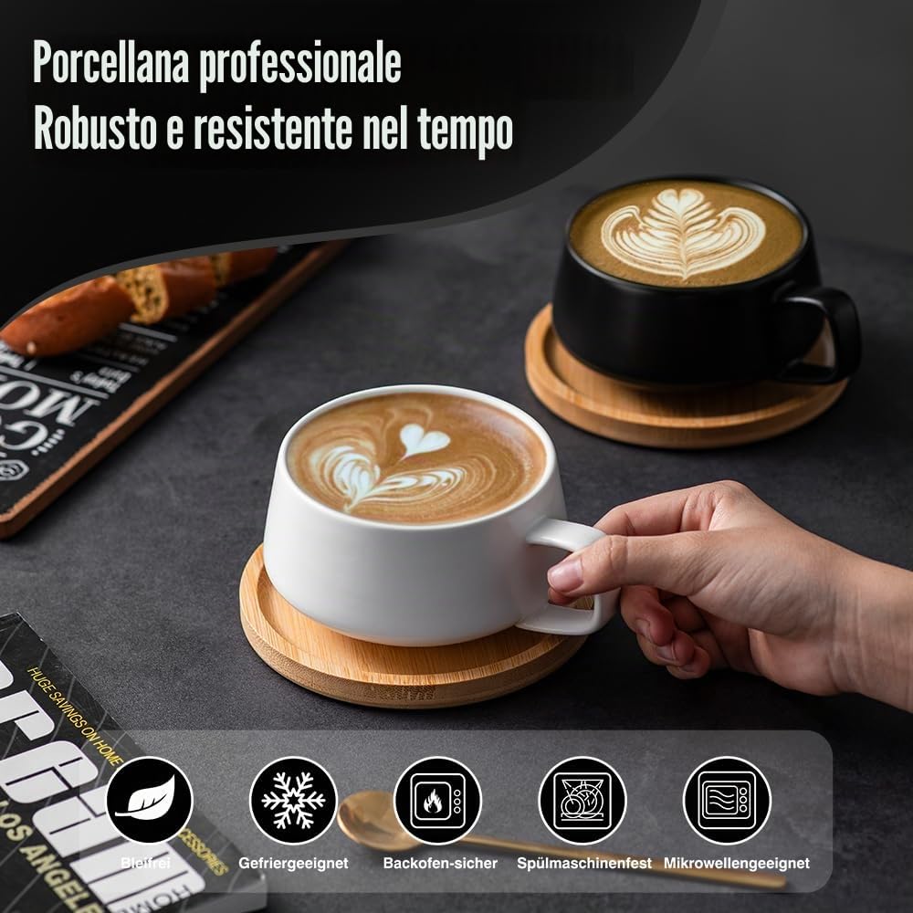 Set da 4 pezzi di tazze da cappuccino con piattini, tazze da caffè in ceramica da 320 ml, grandi tazze da cappuccino per gli amanti del caffè, cappuccino, latte, americano e tè, Bianco