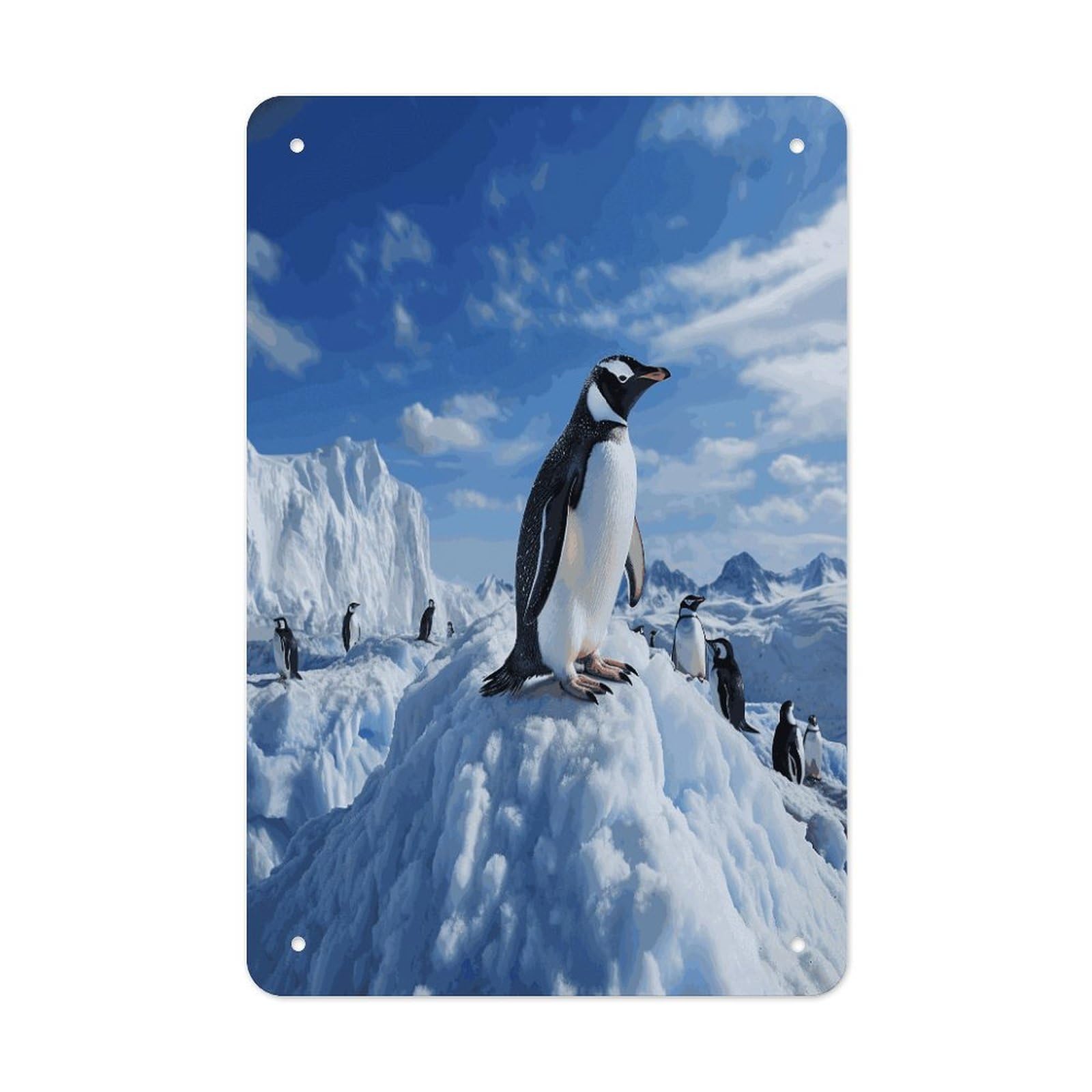 LDGSUPH Snow Mountain Penguin Wall Art Prints Folded Edge Iron Sheet Painting with Holes for Wall Prints Decorative Picture Metal Signboard Decor Painting for Outdoor Indoor Wall Decor