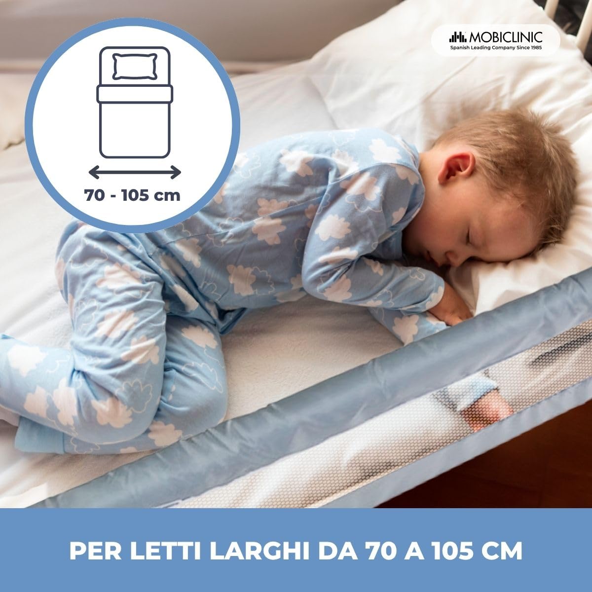 Mobiclinic®, Sponda da letto pieghevole, Dreamy, Fissaggio sotto materasso, Borsa per il trasporto, Barriera sicura e protettiva, Bambini 18 mesi a 5 anni, 150 cm