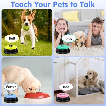 4 PCS Dog Buttons Talk Training, Dog Buttons for Communication, 30 Seconds Recording, Pet Training Answer Buzzerr with Stickers, Voice Recording Button, Funny Gift for School Study Office Home