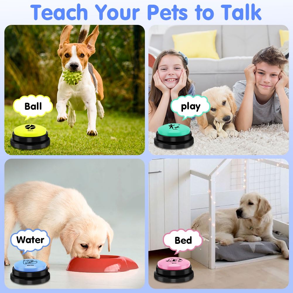 Pulsanti per Cani, 4 Pezzi Pulsante per l'addestramento del Cane, Set di Bottoni per Cani con Adesivi, Registrazione e Riproduzione di 30 Secondi, Tappetino in Gomma per Cani Animali Domestici