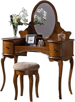 Dressing Table-Classic Retro Solid Wood Dressing Table Set-Dressing Table-Dressing Table Bedroom Furniture Dressing Table with Stool Mirror and 2 Storage Drawers
