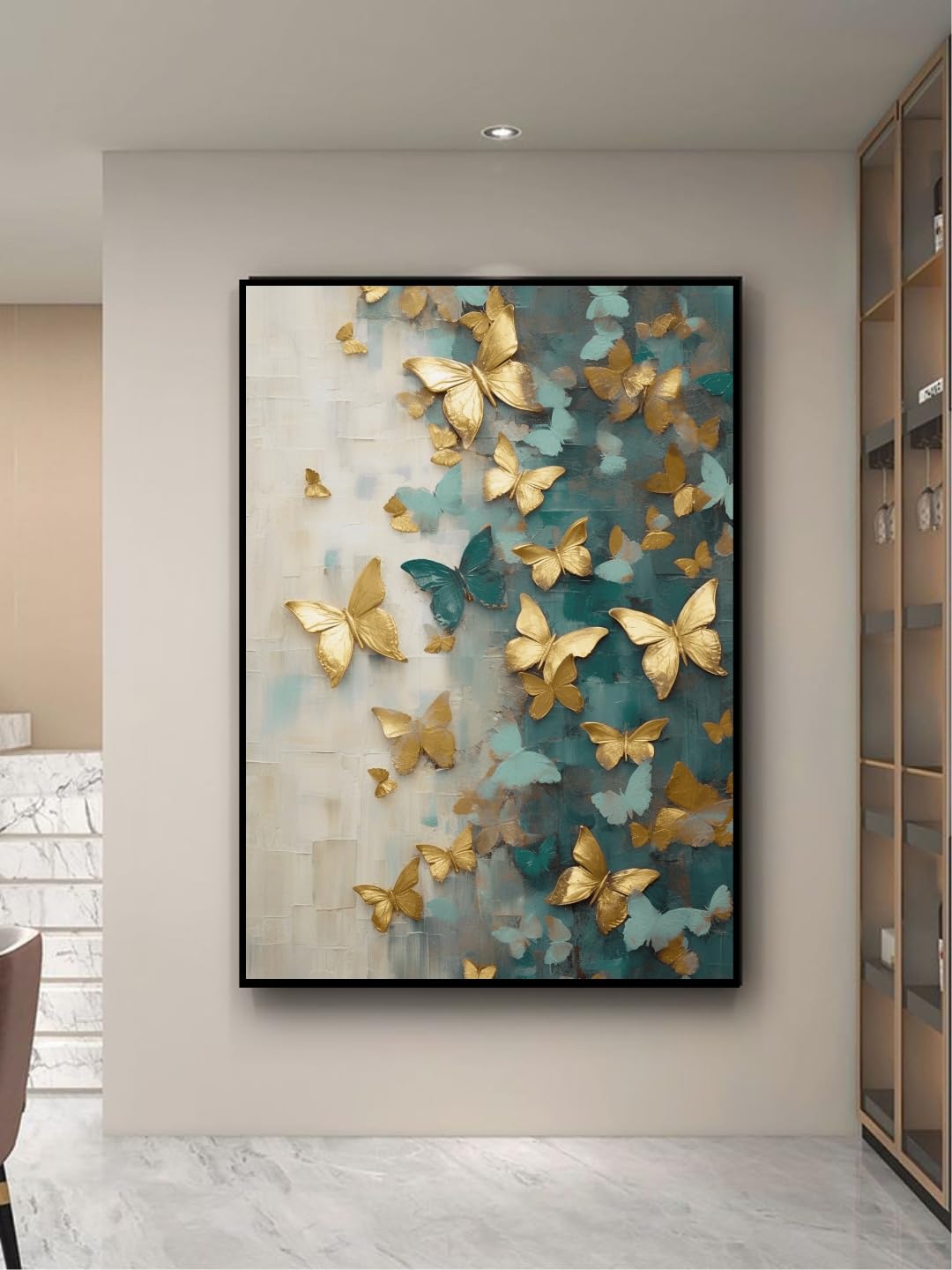 Artsense Golden Butterfly Escape | 20x30 Inch Wall Art | Textured Canvas in Black Floating Frame | Teal & Gold Luxury Decor-image-1