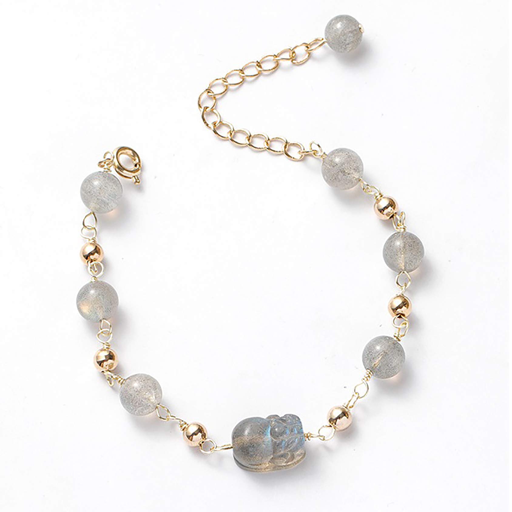 Natural Moonstone Crystal Pixiu Pi Yao Wealth Bracelet Feng Shui Ornament Healing Chakra Gemstone 14K Gold-Filled Amulet Yin Energy for Positivity Money Good Luck Blessed