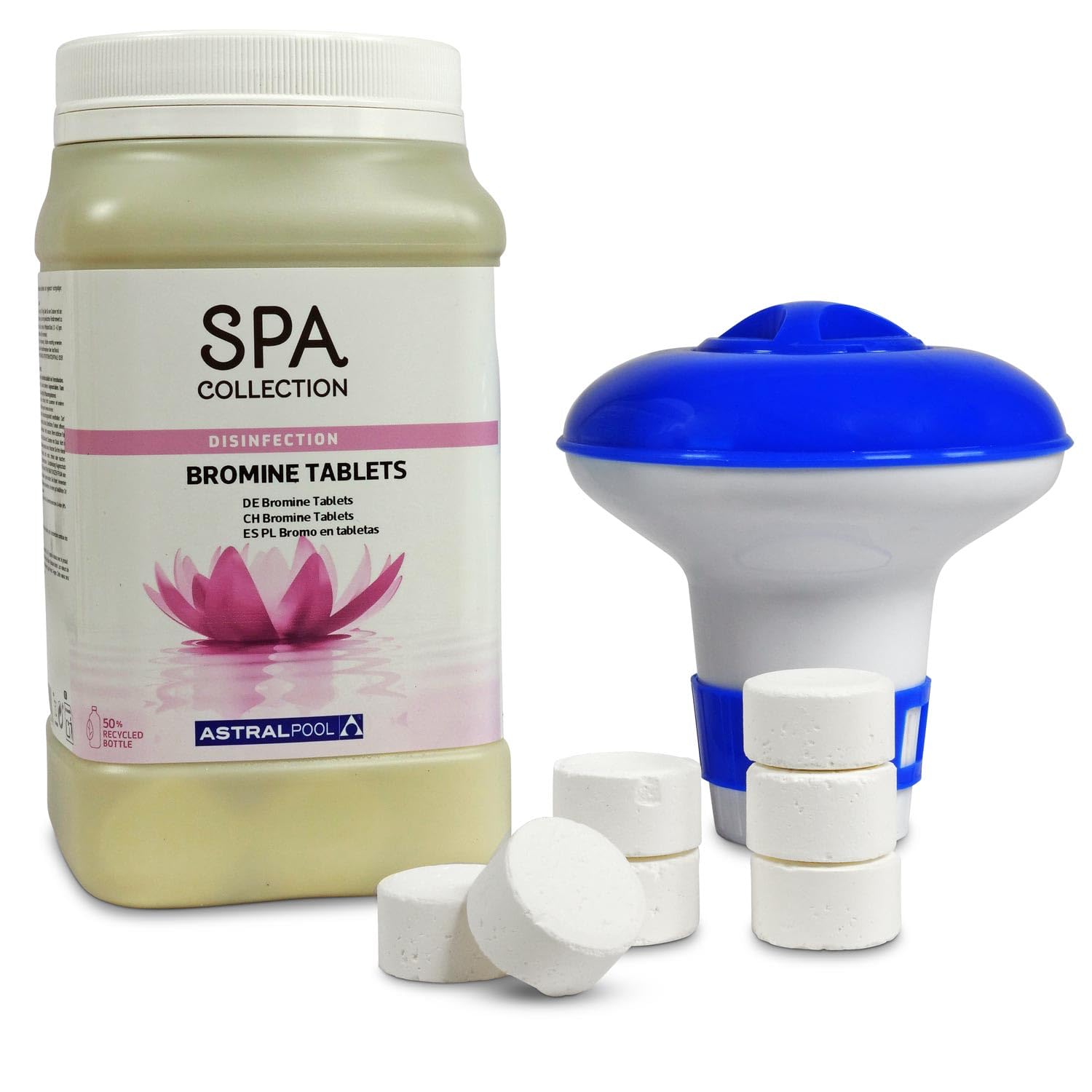 Brom Set - Astral Pool SPA Collection Bromtabletten 50 x 20g - Dosierschwimmer Mini - Whirlpool Desinfektion - Langanhaltende Wirkung - 1kg Dose
