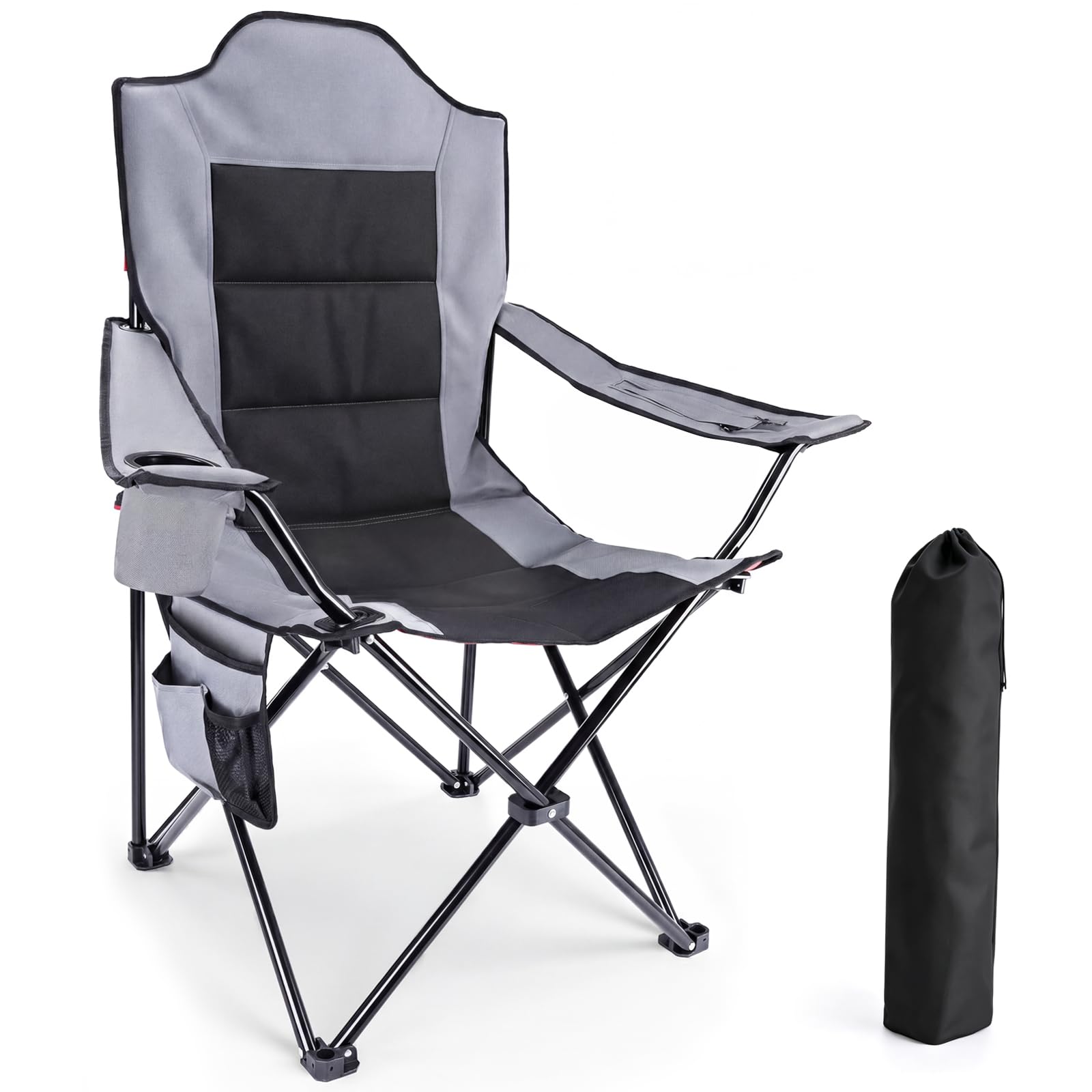 YEAUPE PRO Silla de Camping Plegable y Acolchada, Sillas de Pesca Extra Cómoda hasta 150 kg, Respaldo Alto, con Portavasos y Bolsa de Transporte, Silla Exterior para Camping, Playa, Jardín y Pesca