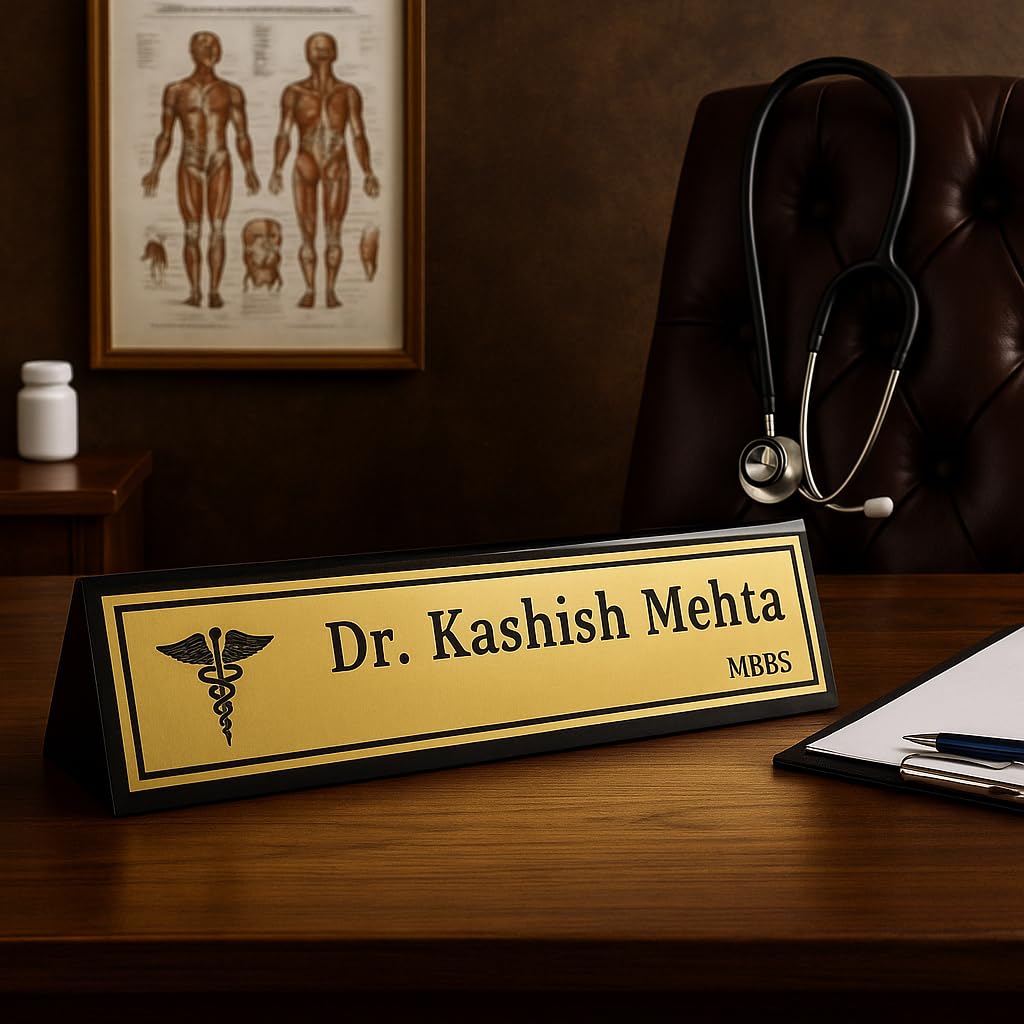 Personalized Acrylic Desk Name Plate - Custom Office Name Signage, Elegant Gift for Doctors, Advocates & Professionals (10x2.5 inches, Clear & Durable) (Brushed Gold) — Amazon image 3