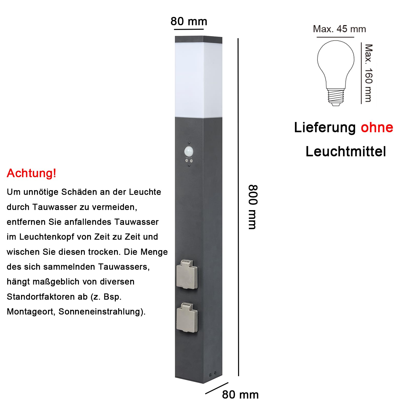 Wegeleuchte Standleuchte Außen mit Bewegungsmelder, 80cm Pollerleuchte außen mit E27 Sockel, Stabile und Robuste Basis IP44 Außenleuchte Gartenleuchte mit 2 Steckdose, Anthrazit (Ohne Leuchmittel)