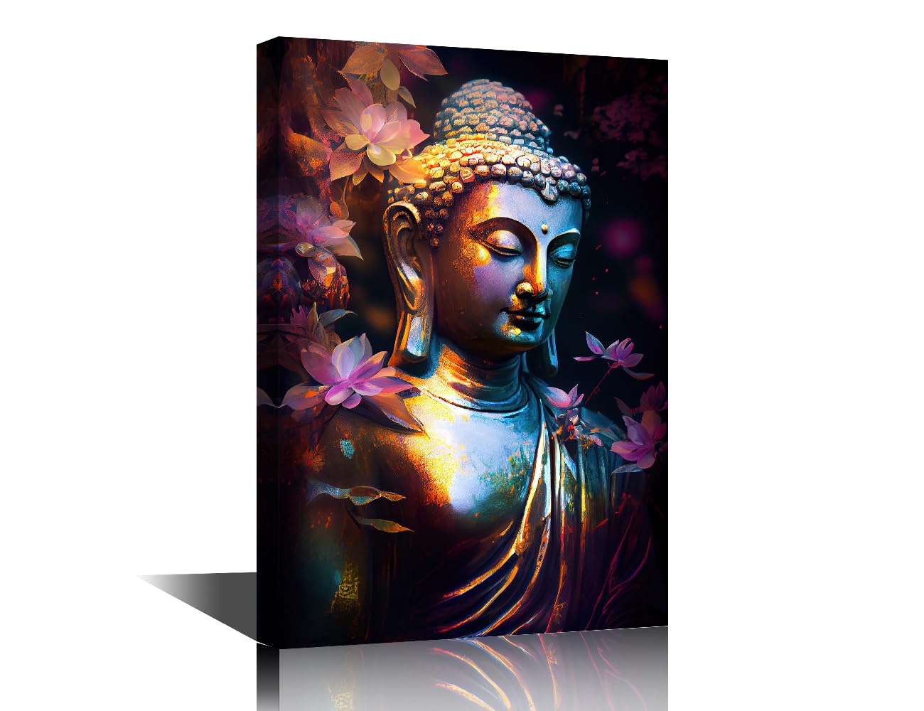 TISHIRON Buddha with Lotus Flowers Canvas Wall Art for Living Room Wall Decor Buddhism Posters for Bedroom House Decorations Lotus Flowers Paintings Artwork Home Decor 16" Wx24 Hx1 Panel
