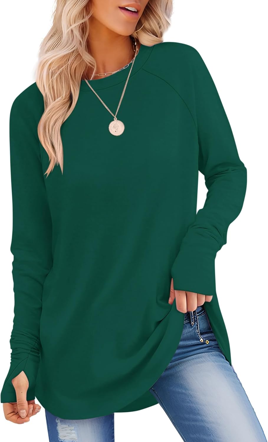 VVK Womens Long Sleeve Shirts Crew Neck Tunic Tops to Wear with Leggings Casual Loose Fit Thumb Hole T-Shirts