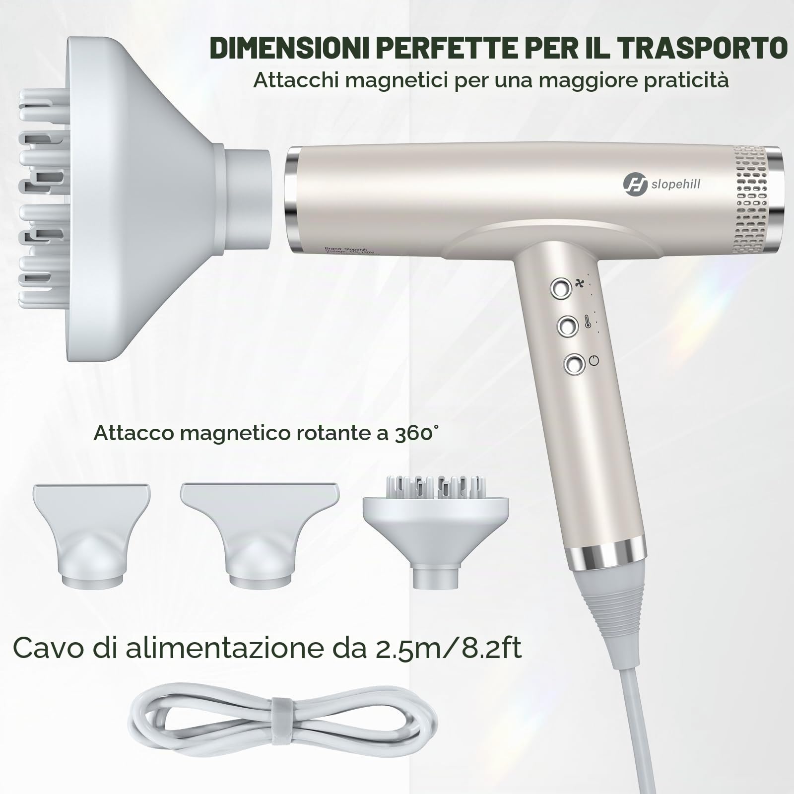 slopehill Asciugacapelli agli ioni di litio, 110,000 giri/min, motore senza spazzole, asciugatura rapida, asciugacapelli con diffusore magnetico, tecnologia bioceramica, per casa, viaggi, salone (oro