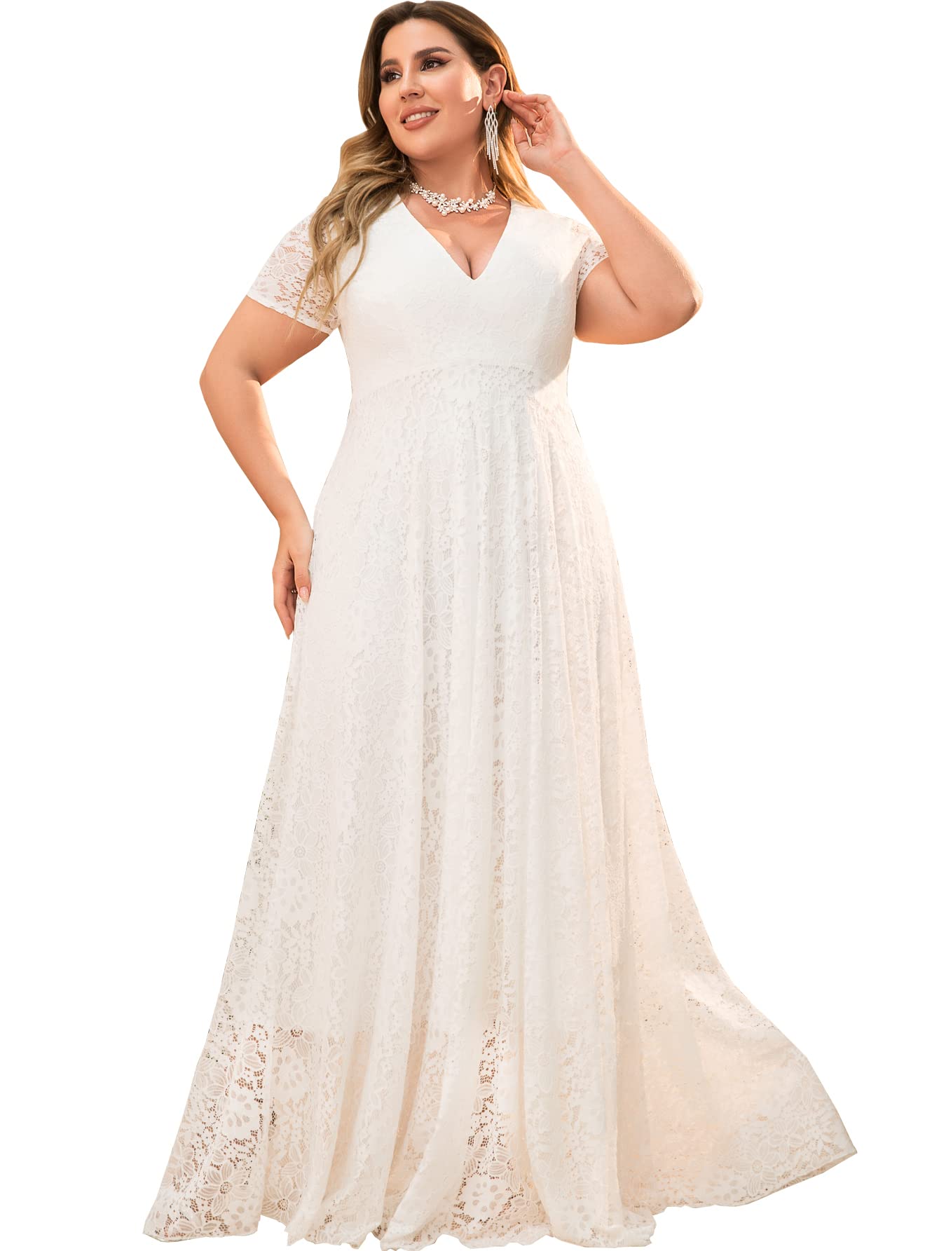 DolphinBanana Women Plus Size Floral Lace V-Neck Short Sleeve Long Maxi Dresses