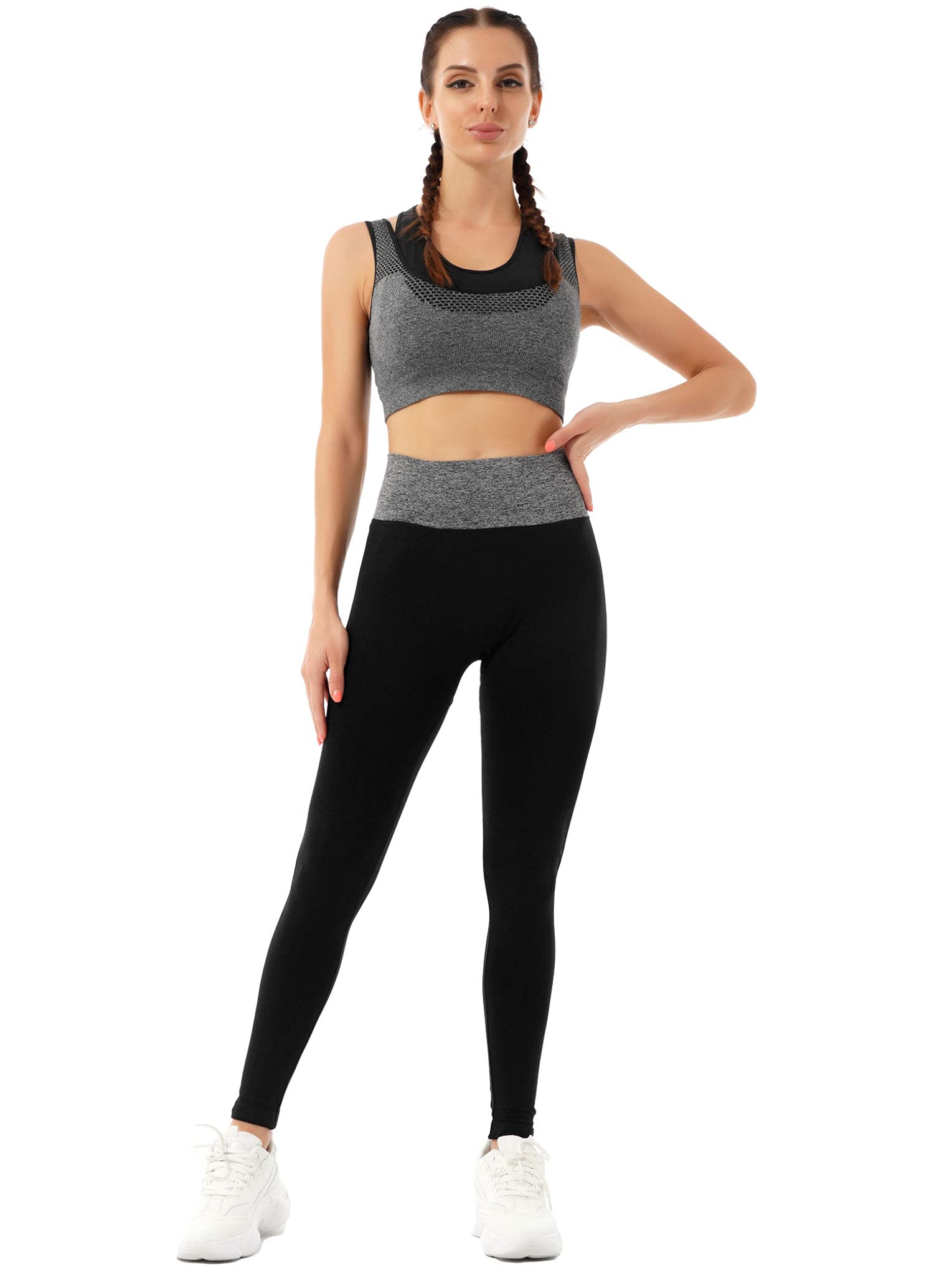 Hansber Womens Sexy 2 Piece Yoga Sets Y-Back Sport Crop Top with Tummy Control Leggings Seamless Tracksuit