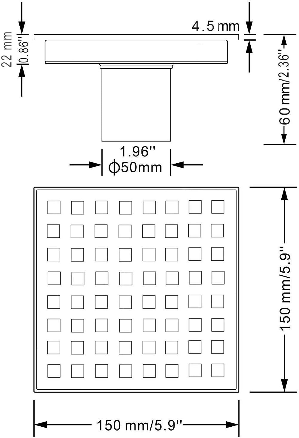 TRUSTMI 6 Inch Square Shower Floor Drain with Removable Grid Grate Cover, SUS 304 Stainless Steel,Brushed Gold