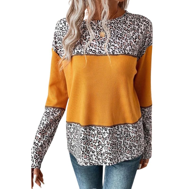 Sweater for Women Printed Waffle Knit Long Sleeve Pullover Crew Neck Winter
