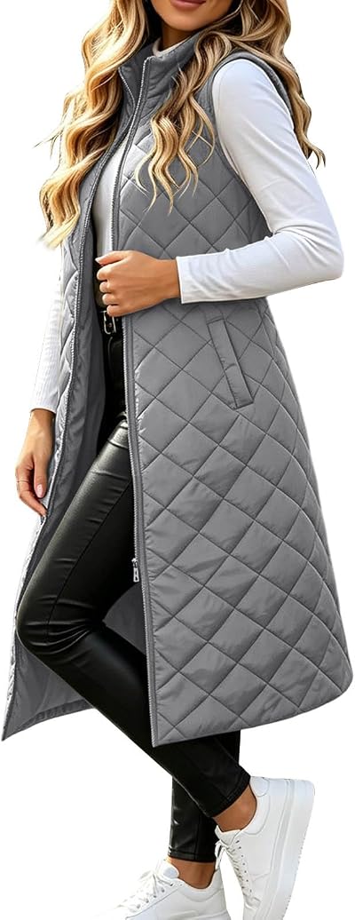 Generic Long Qulited Vest Women Sleeveless Full Zip Winter Puffer Jacket