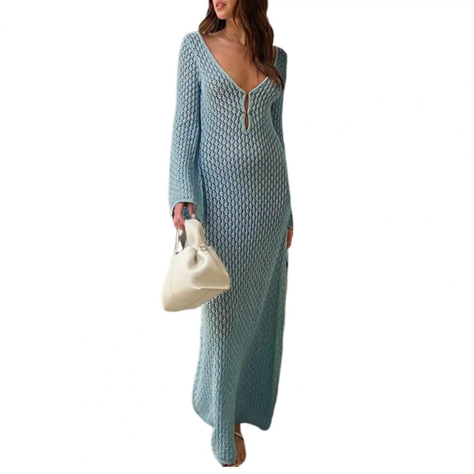 Vestido Playa Mujer Ropa de protección Solar for Mujer, Vestido de Playa Elegante de Punto con Cuello en V y elástico en la Espalda Transparente for Verano para Usar Junto Al Mar(Light Blue,S)