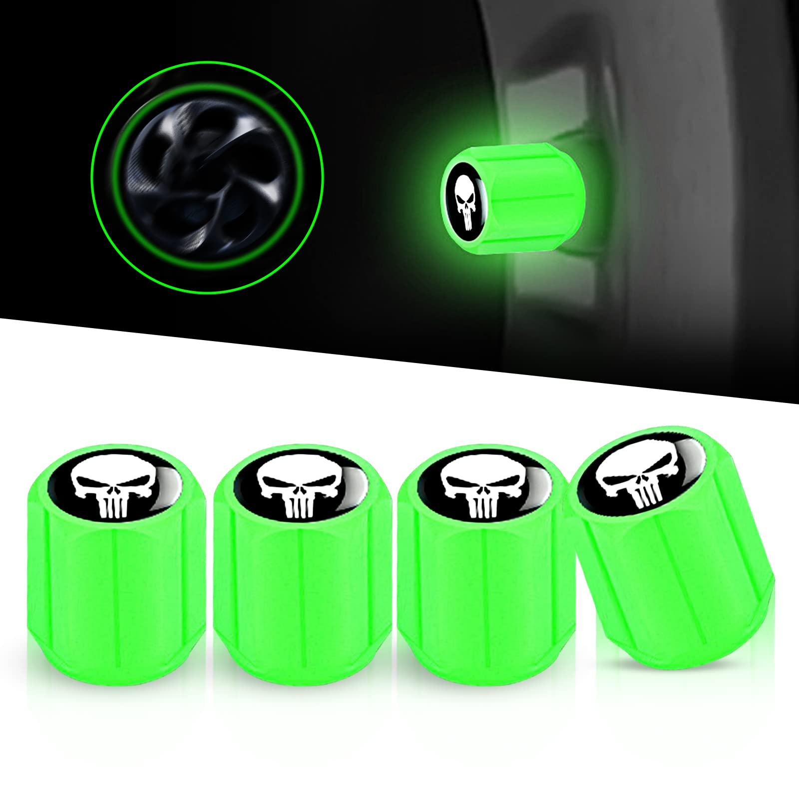 Ajxn 4 PCS Car Tire Valve Stem Caps Skull Print, Luminous Air Caps Cover, Universal for Cars, Bike, SUVs, Trucks and Motorcycles (Green)