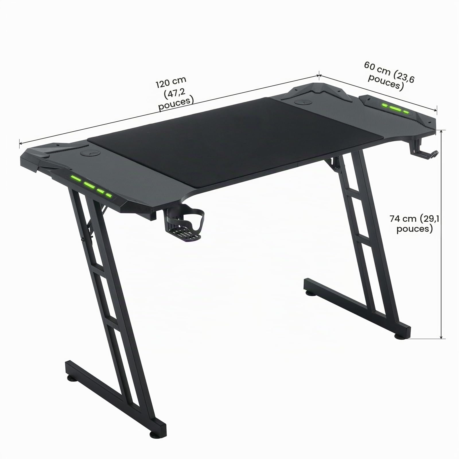 Bureau Gaming, Bureau Gamer LED, Table Gaming, 120x60cm PC Robuste Bureau Informatique Ergonomique avec Porte Gobelet et Crochet pour Casque, LED Table Bureau en Forme de Z Cool