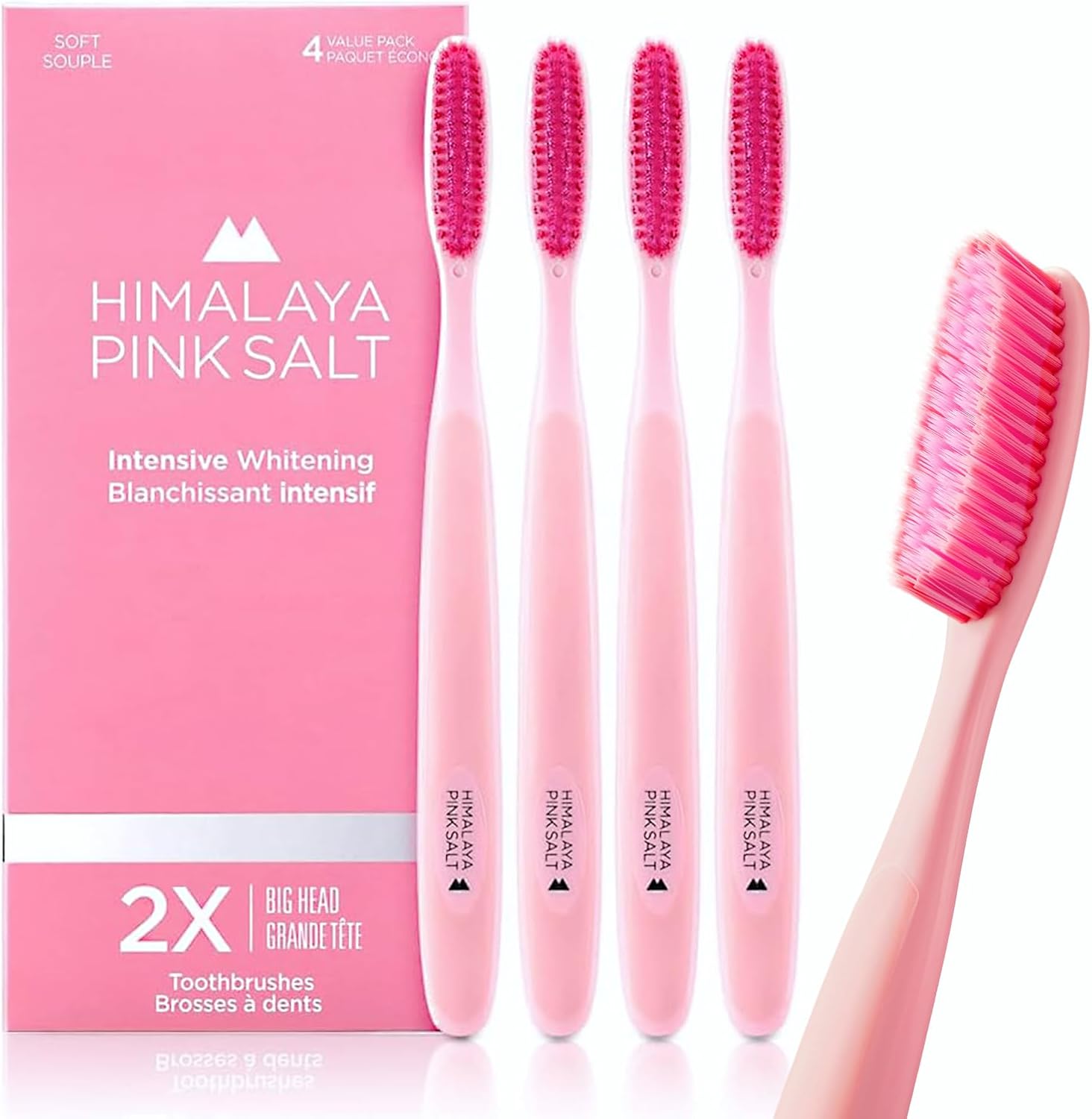 HIMALAYA PINKSALT Intensive Clean Toothbrush 4 Count - Extra-Large Toothbrushes for Adults, Plaque Remover for Teeth, Tapered Bristles Gentle on Teeth and Gum, Deep Clean Toothbrush