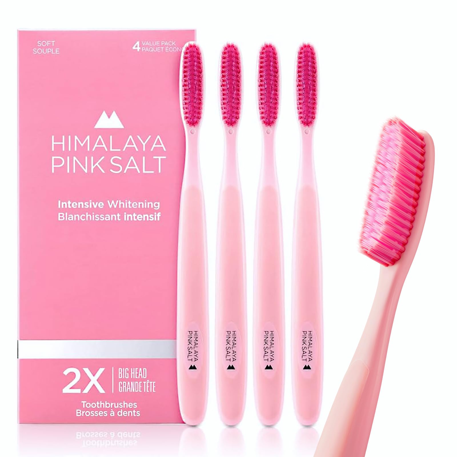 HIMALAYA PINKSALT Intensive Clean Toothbrush 4 Count - Extra-Large Toothbrushes for Adults, Plaque Remover for Teeth, Tapered Bristles Gentle on Teeth and Gum, Deep Clean Toothbrush