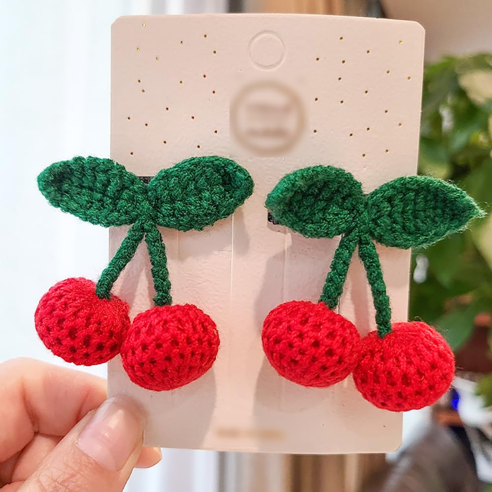 4 Pcs Sweet Cherry Hair Clips and Hair Ties Handmade Crochet Fruit Hairpins Hair Barrettes Cute Christmas Hair Accessories for Women Girls - Image 3