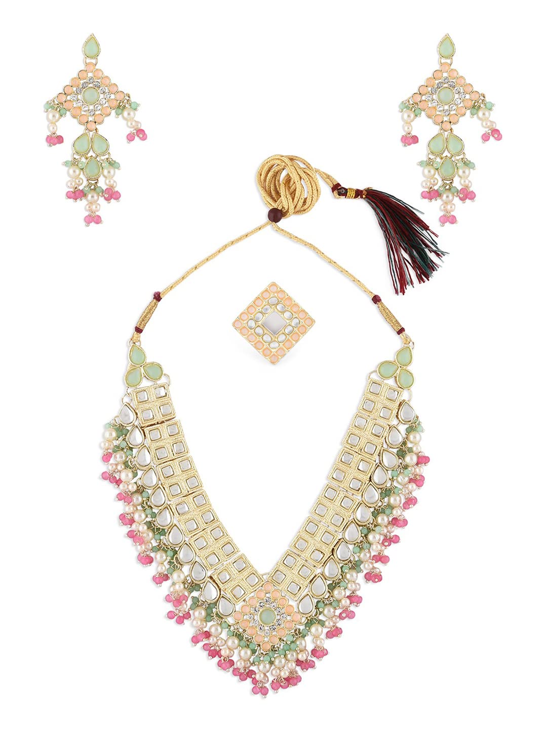 ZAVERI PEARLS Green Pink Stones & Cluster Beads Kundan Necklace Earring & Ring Set For Women-ZPFK15357 (B0BRNC7WBB) Amazon Price History, Amazon Price Tracker