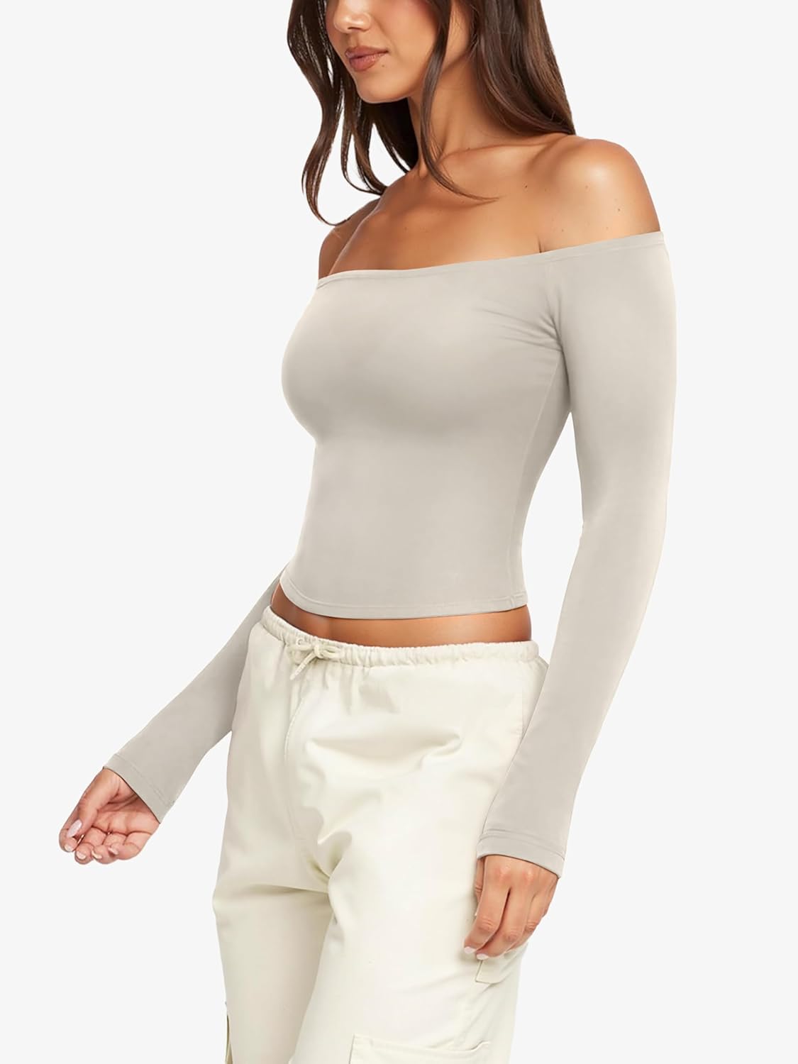 LASLULU Womens Sexy Off The Shoulder Long Sleeve Workout Tops Strapless T Shirts Crop Top Casual Fall Outfits - Image 4