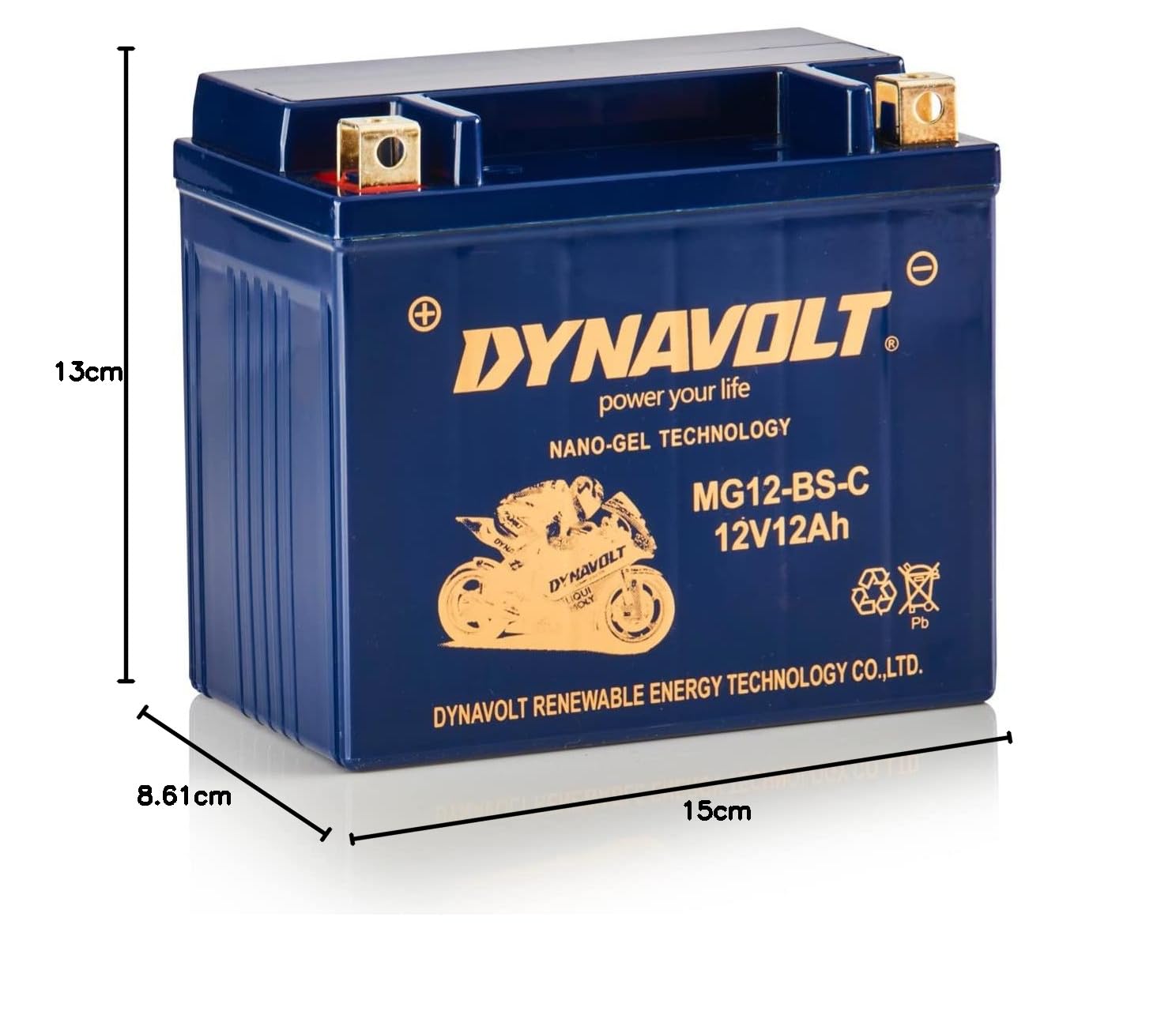 Batería de motocicleta Dynavolt NANO-GEL MG12-BS-C 12V 12Ah 305A, reemplaza YTX12-BS, Dimensiones: 150x86x130mm, Batería de motocicleta de gel sin mantenimiento y a prueba de fugas