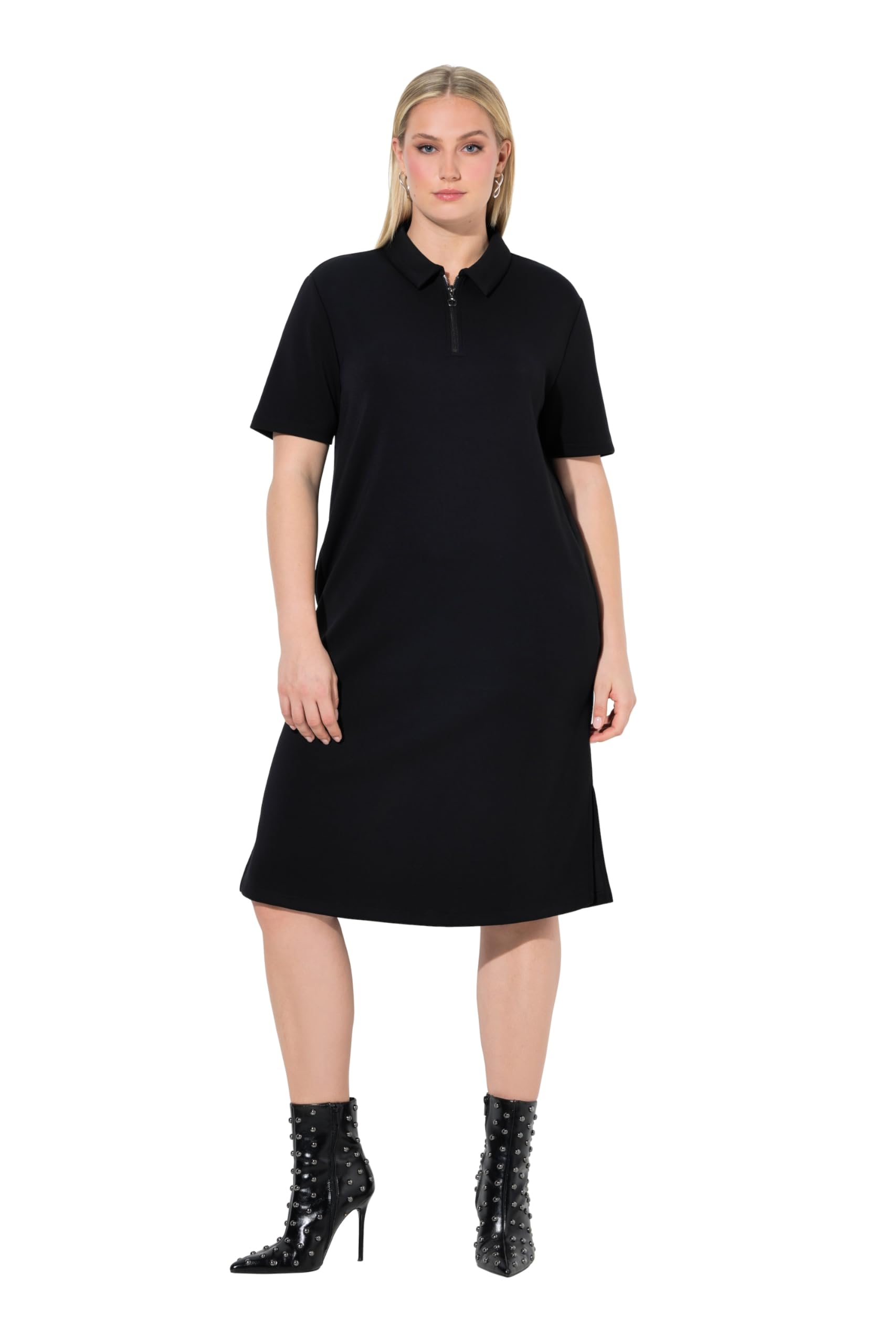 Ulla Popken Damen große Größen Übergrößen Plus Size Sweatkleid, Polokragen, Zipper, Halbarm, Modalmix 848105