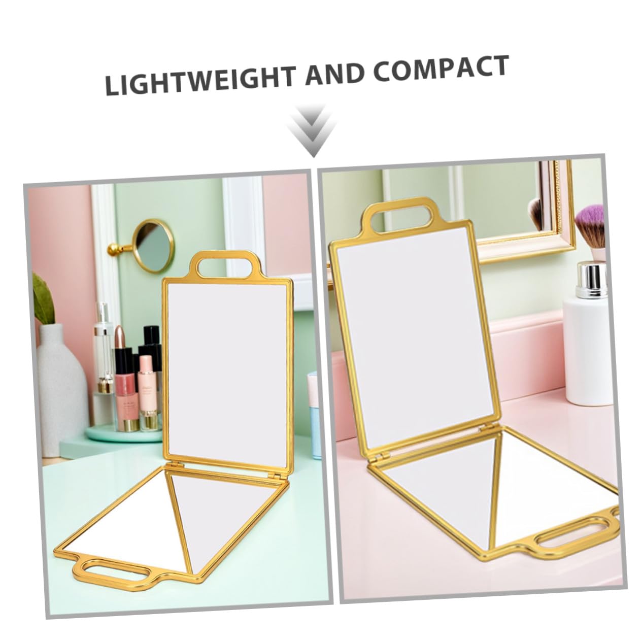 Healvian Faltbarer doppelseitiger Friseurspiegel mit Ständer Luxuriöser Goldener Rahmen Präzise Spiegeloberfläche für selbstständiges Styling Tragbar für Reise und Tanz