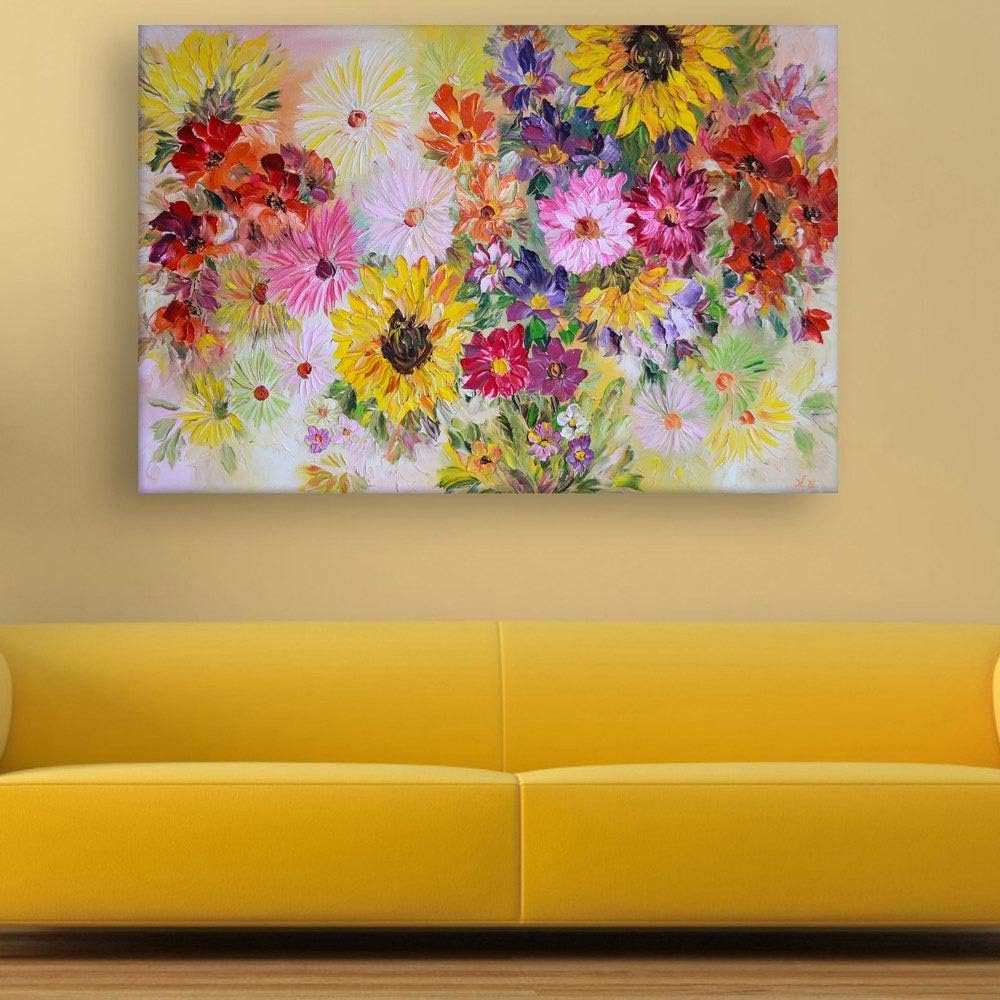 Inephos Cotton and Wood Flowers Framed Painting, White, Abstract, Modern and Religious, 85 x 55 cm