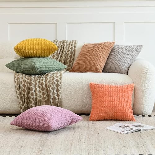Panleding Pack of 2 Decorative Throw Pillow Covers, Corduroy Boho Striped Pillow Cases, Simple Modern Home Decor for Sofa Living Room Couch Bed, 18x18 Inch, Khaki & Rust - Thumbnail 7