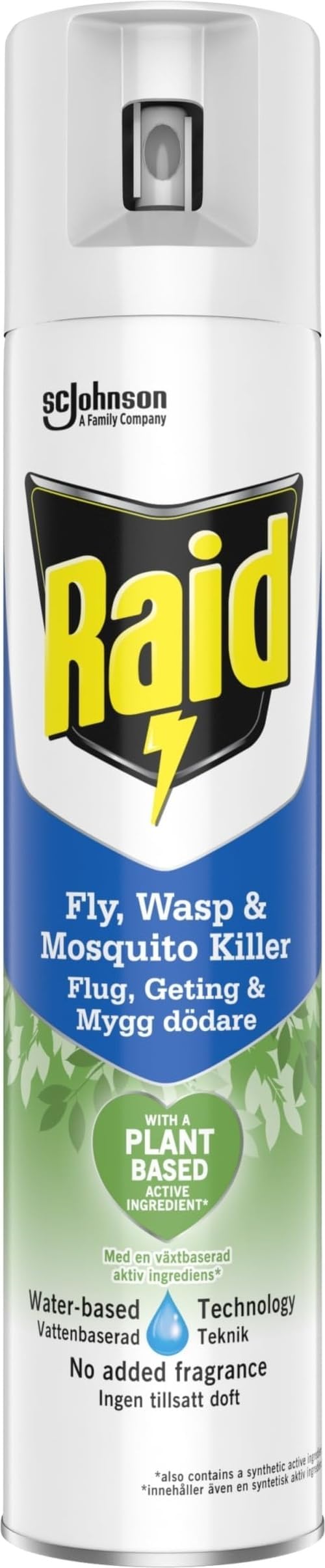 Raid Plant Based Wasp & Mosquito Killer, Aerosol Fly Killer Spray For Indoor Use, Made with Naturally Derived Botanical Ingredients, 300 ml