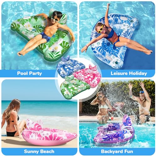 Pool Floats, 3 Pack Inflatable Pool Floats Adult & Kids, Pool Float with Cupholders & Duty Handles, Upgraded Pool Chairs, Perfect Summer Pool Toys for Lakes, Rivers, Beach Vacation, Water Party Fun