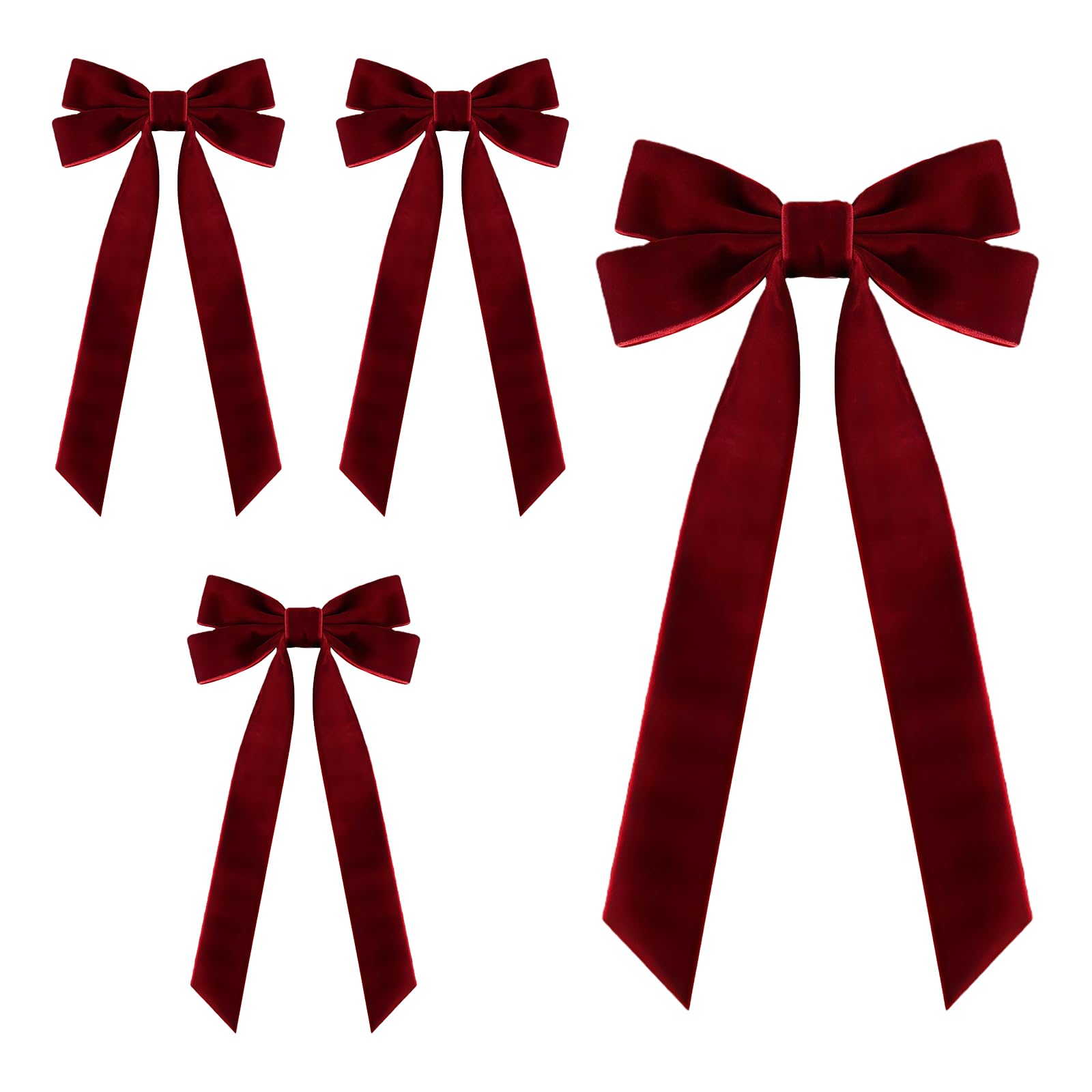 HAICN 4Pieces Christmas Tree Velvet Ribbon Bows Vintage Wreath Xmas Decor Bows Winter Xmas Party Home Indoor Outdoor Decor for Fringe Holiday Tree Toppe (Wine red)