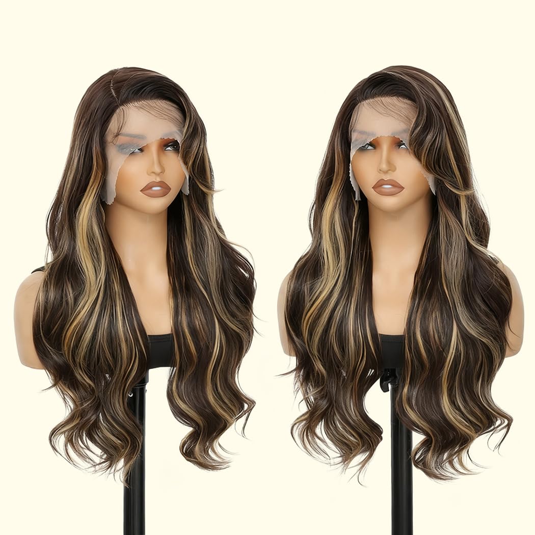 Highlight Synthetic Lace Front Wig, Brown Blonde Highlights Wig Pre-Plucked HD Glueless 13X4X1 Long Wavy Lace Front Wig For Black Women 26inch Suitable For Everyday Wear