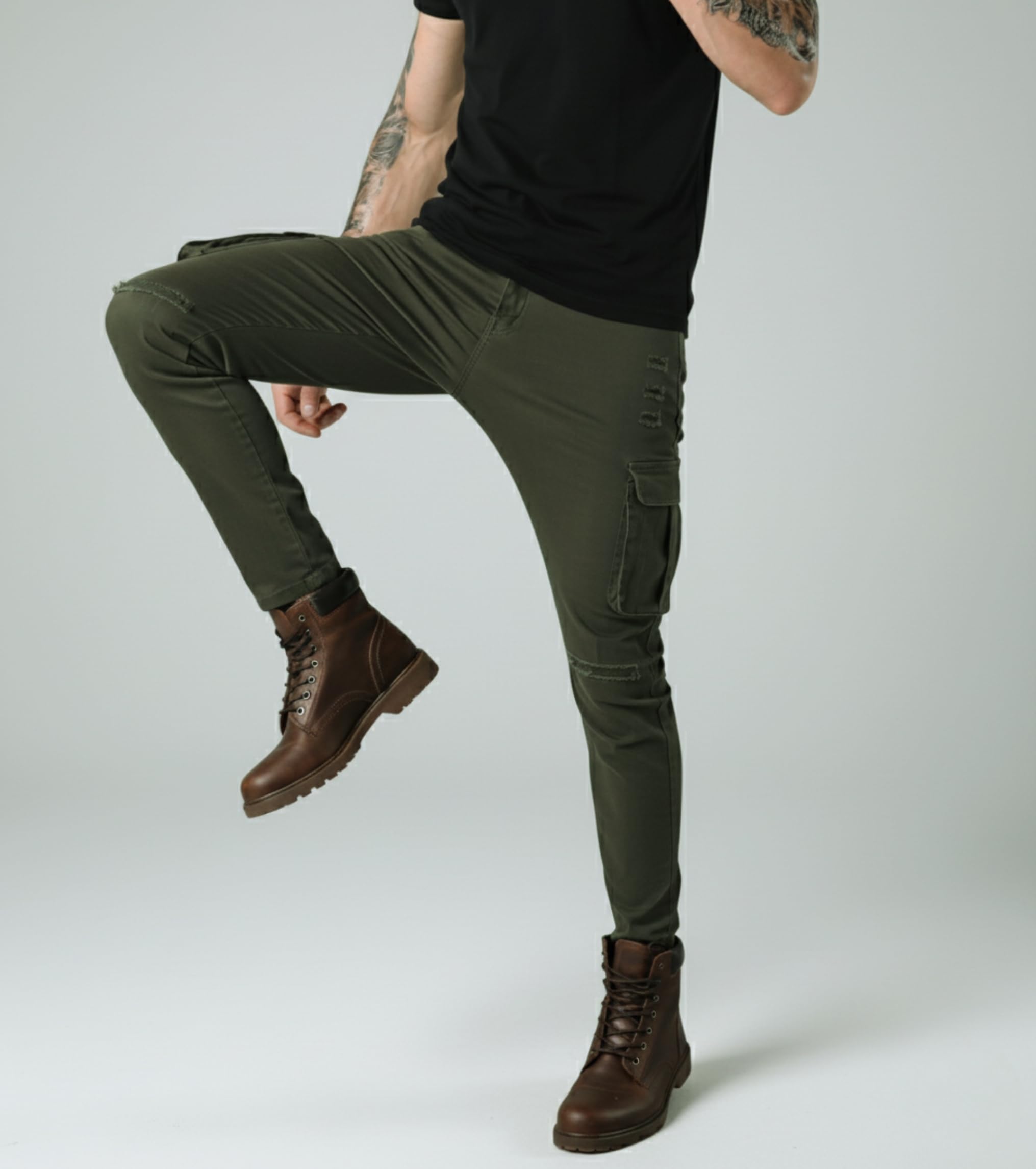 L'MONTE Imported Multi Pockets Cotton Cargo Skinny Fit Stretchable Army Green Joggers Pant for Men (32, Army Green) 3