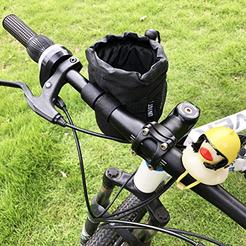 UNIGT Bike Water Bottle Drink Holder with Spring Cord Lock and Side Mesh Pocket for Bicycle Handlebar Cup Holder - 3 Straps Mounting Points Adjustable