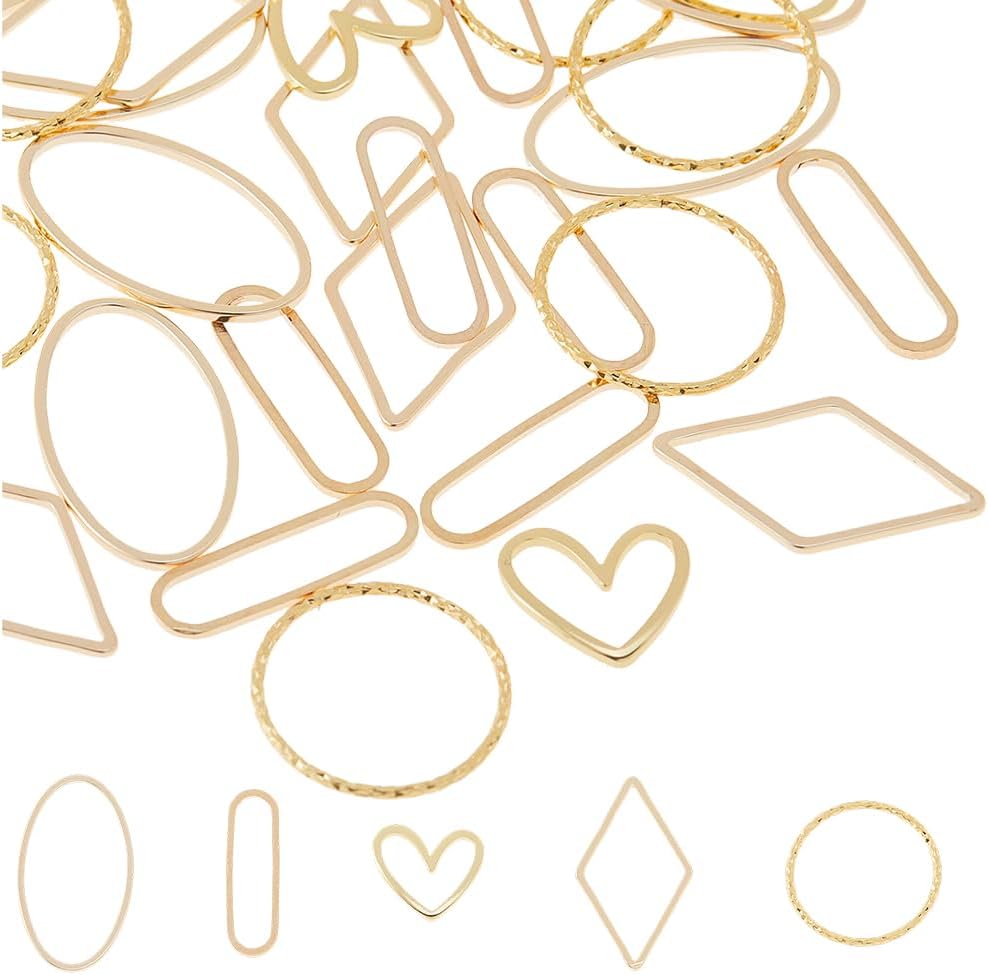 50Pcs 5 Styles Real 18K Gold Plated Linking Rings Round Oval Heart Rhombus Ring Charms Brass Jewelry Connector Charms for Necklaces Bracelets Jewelry Dangle Earring Making