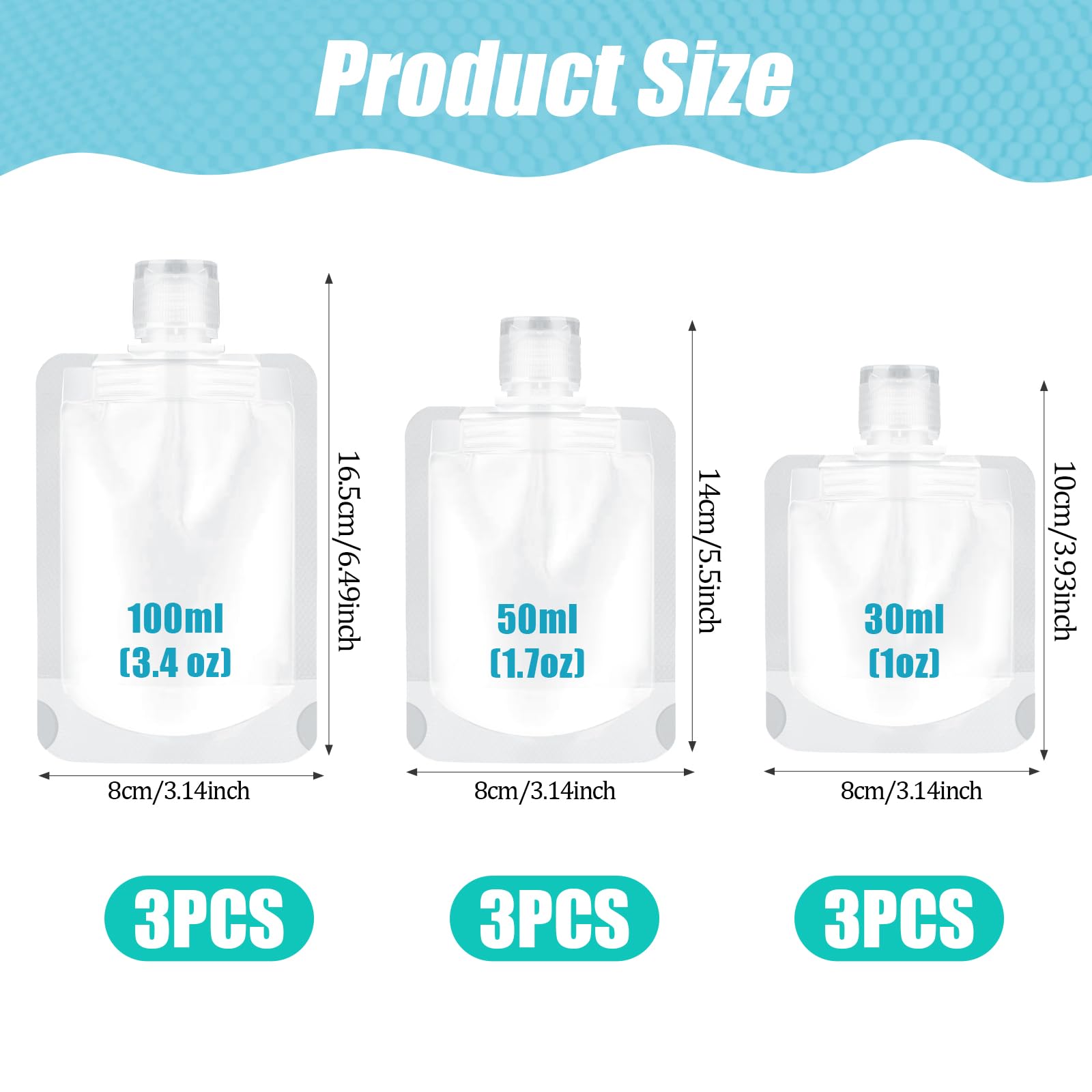 12 sacchetti da viaggio per articoli da toeletta, sacchetti portatili per cosmetici liquidi, ricaricabili, contenitori da viaggio per shampoo, balsamo, lozioni (30 ml/50 ml/100 ml), Trasparente, 3