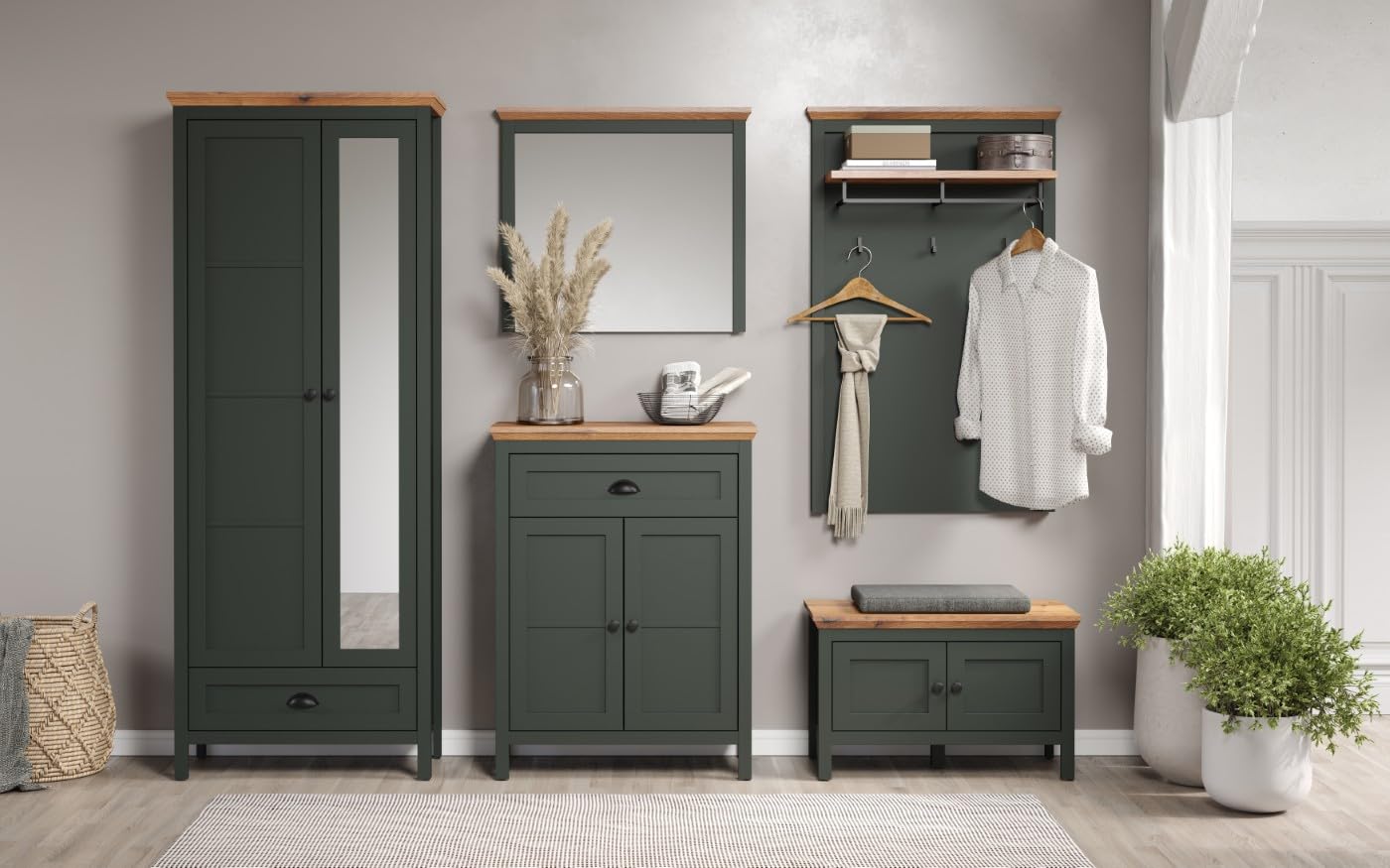 trendteam smart living - Stanton - Garderobenschrank - Tannengrün/Evoke Eiche - Flurschrank mit auziehbarer Kleiderstange - (BxHxT) 77 x 198 x 39 cm - Landhausstil