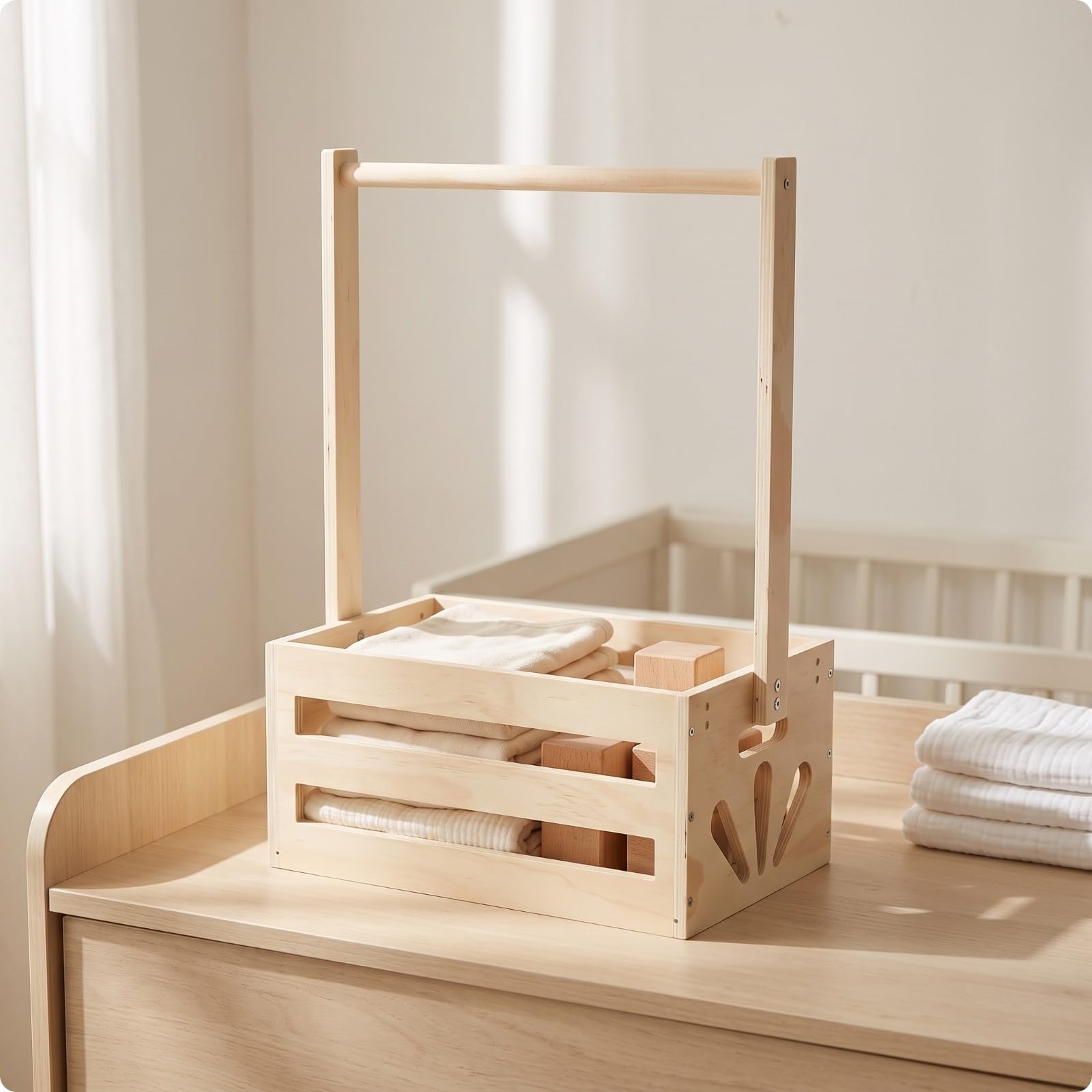 Gralara Cestino con Maniglie in Legno | Pannelli Laterali a Doghe, Cestino oggetti con Manico, Naturale, per Bagno, Casa, Neonati,