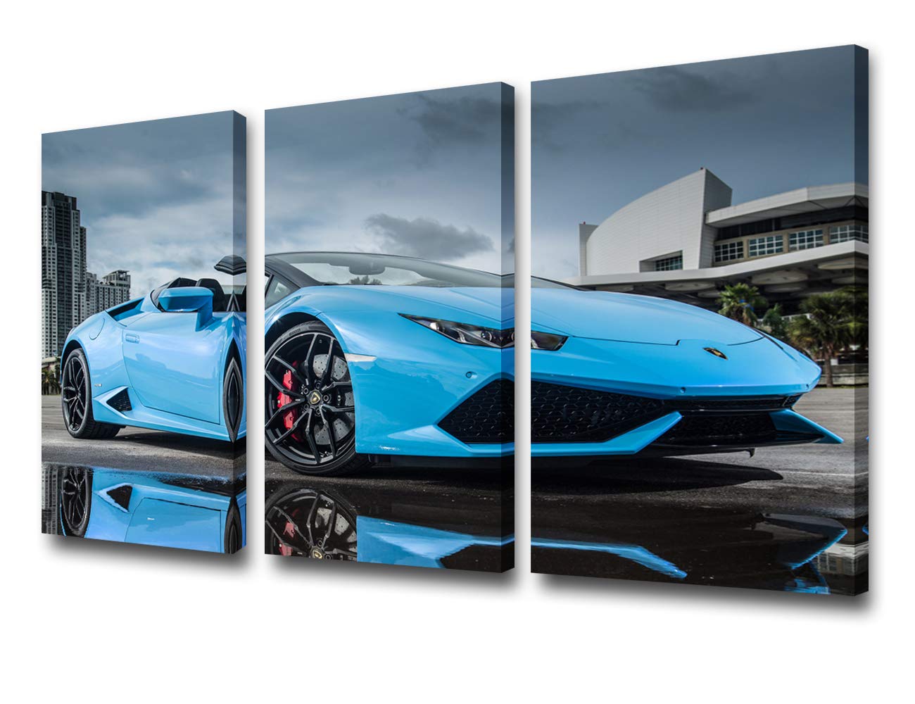 TUMOVO 3 Piece Canvas Wall Art - Panoramic View of LP 610 4 Blue Supercar - Modern Home Decor Stretched and Framed Ready to Hang - 12 x 24 inch x 3 Pieces