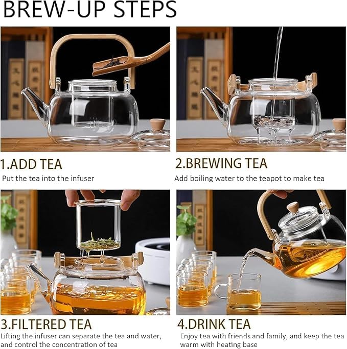 Image of PrimeWorld Borosilicate Glass Kettle - 900ml | Teapot with Removable Infuser, Lid & Handle | Stovetop Safe Tea Kettle for Loose Leaf Tea, Blooming Tea & Tea Bags