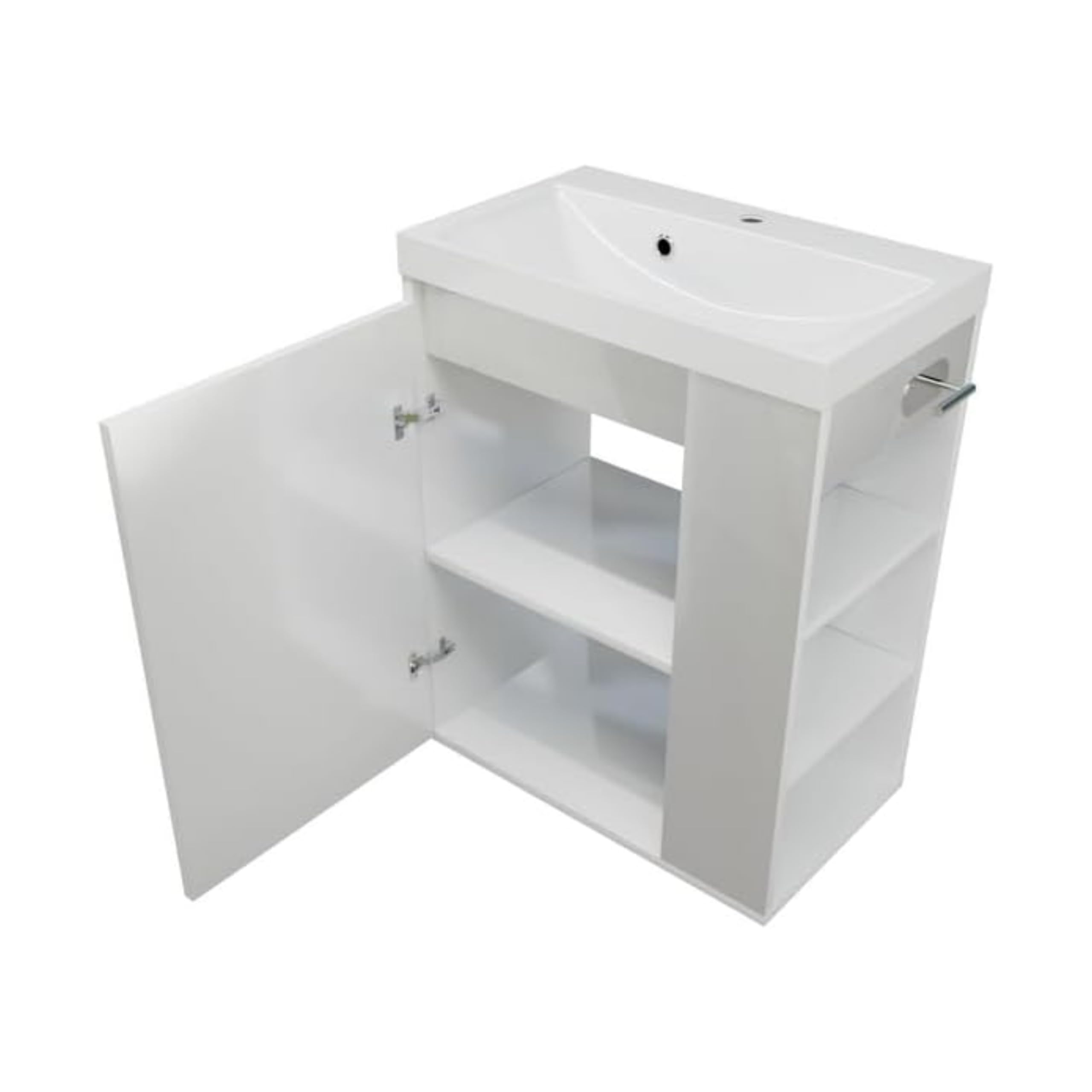 Waschbecken mit Unterschrank SEVA, 57 cm Breite, Waschtisch Stehend oder Hängend, Badmöbel Set für Badezimmer, Waschbeckenunterschrank mit Toilettenpapierhalter - Weiß
