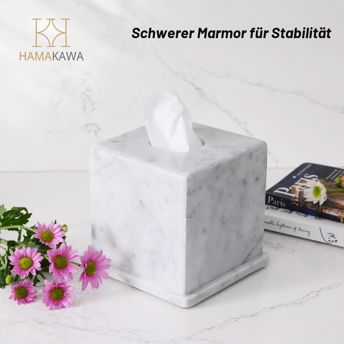 Kosmetiktuchbox Marmor, Kosmetiktücher Box Naturstein, Carrara Weiß Tissue Box Quadratisch 15x15x14,5 cm