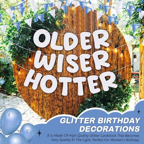 Image of Fulmoon Set of 3 Pre Strung Older Wiser Hotter Glitter Banner Funny Birthday Banner for Women 30th 40th 50th 60th 70th 80th Birthday Party Decorations Sign Gift(White)
