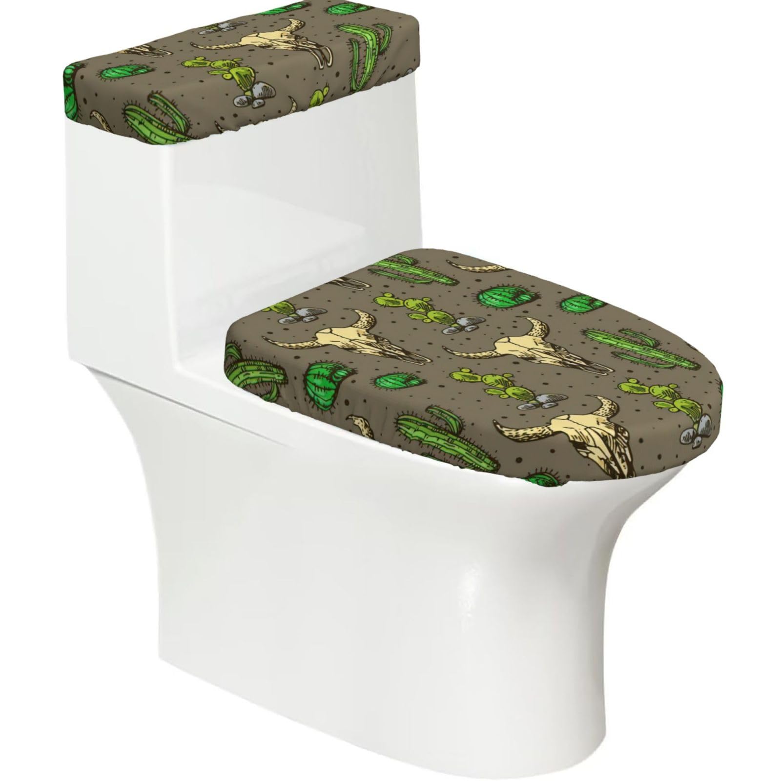 Skull Of Bull And Cute Cactus Print Bathroom Decor Toilet Lid Cover And Tank Covers, Restroom Accessories Fits Most Round
